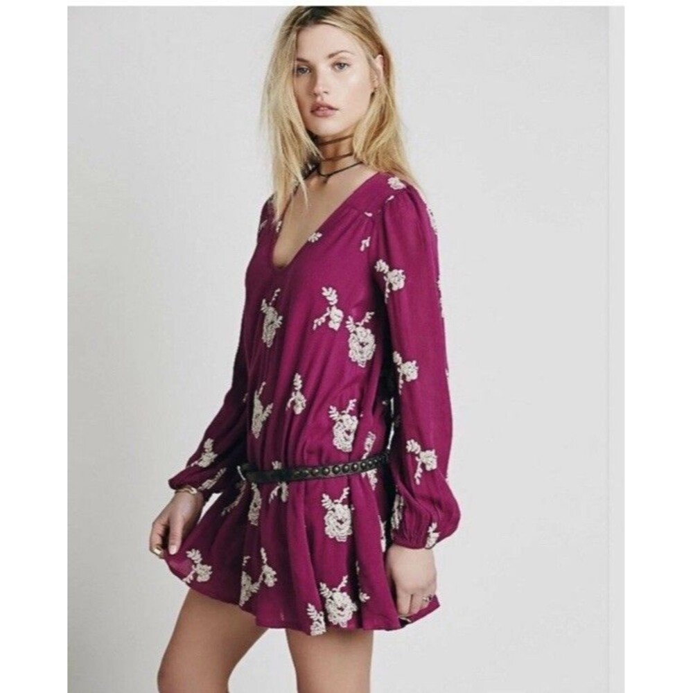 FREE PEOPLE Embroidered Austin Emma Boho Minidress Purple Small
